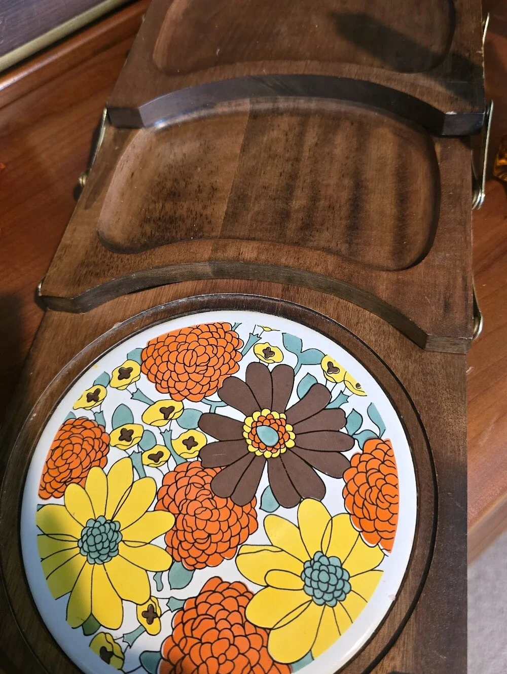 Wooden Cheese Tray Set with Ceramic Floral Inlay - Orange Yellow Brown